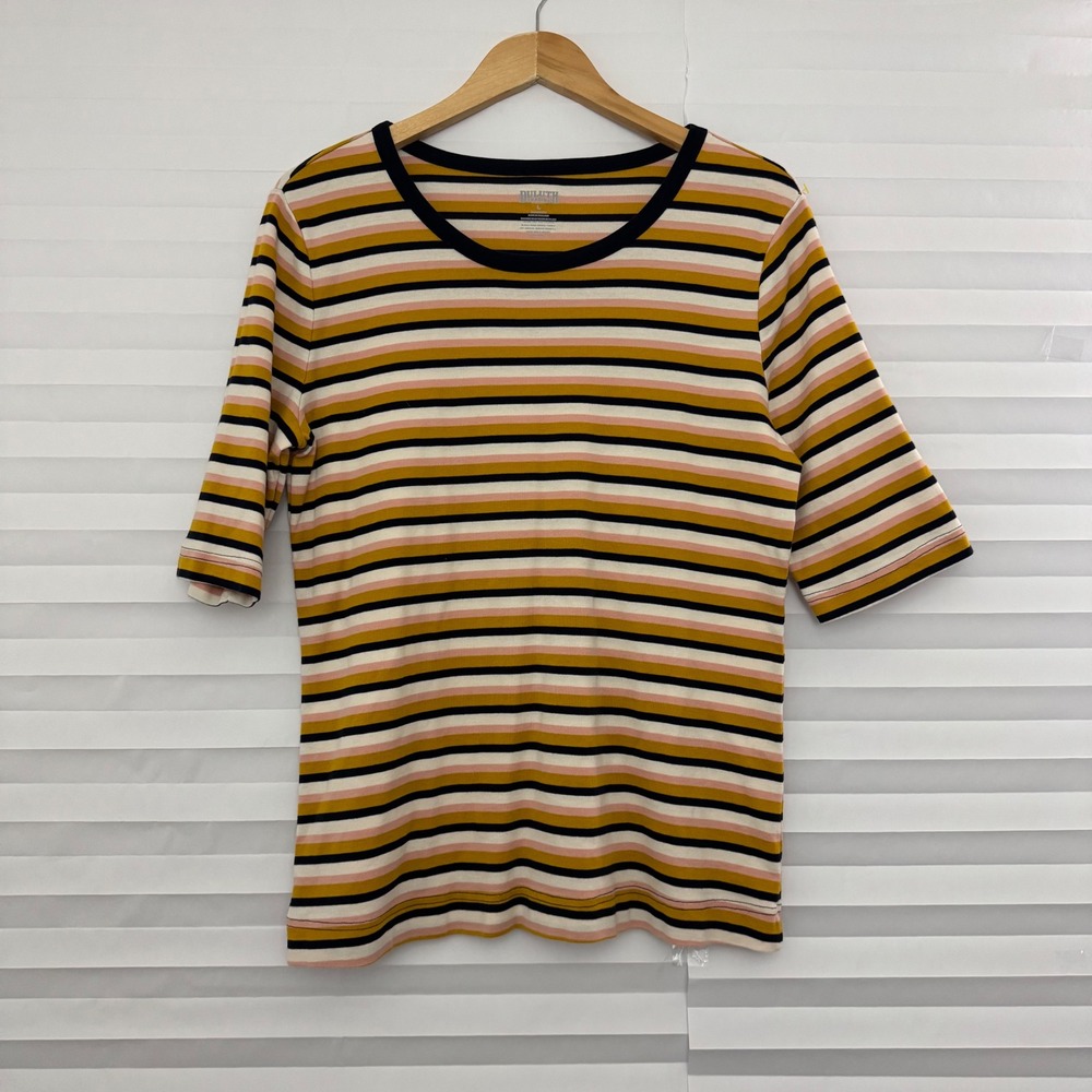 Duluth Trading Co Womens Striped‎ Elbow Sleeve Cotton Knit Top Mustard Pink L